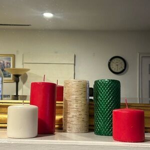 Set of Decorative Candles in Red, Green, and Cream